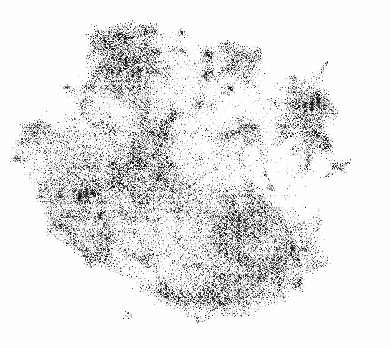 ASCII-style rendering of the Closebytes point cloud, showing clusters of open-source projects